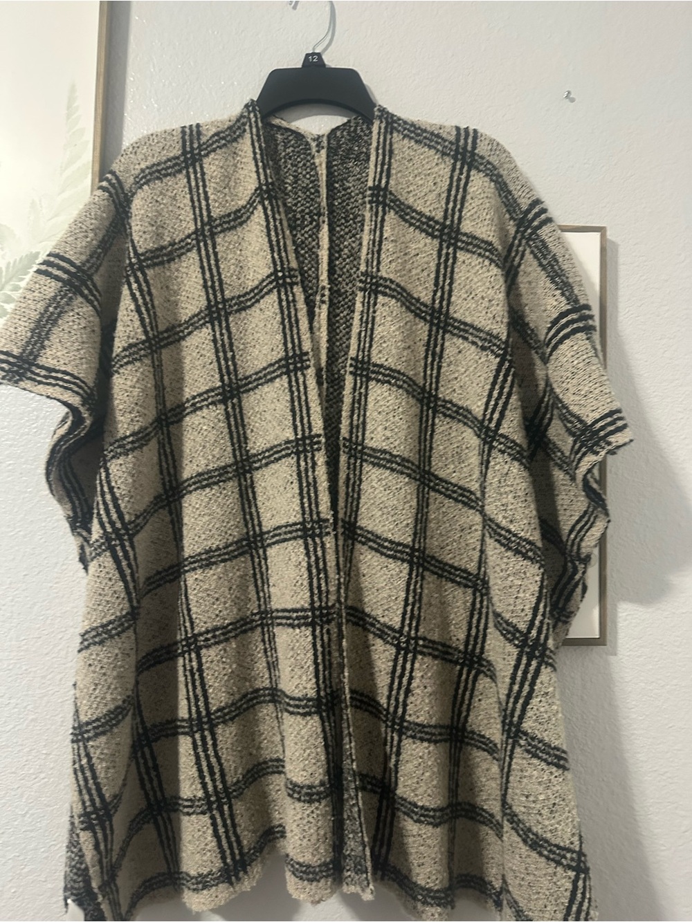 Open-Front Plaid Poncho in Beige and Black